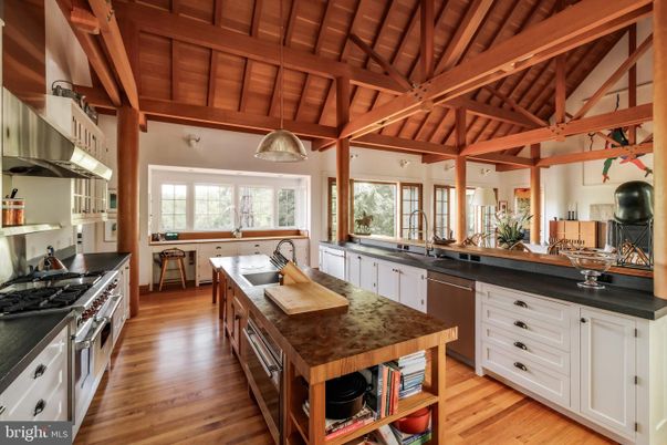 Interior, Kitchen, Pendant Lights, Stainless Steel Appliances, Wooden Beams, Wooden Ceilings, Wood Texture Flooring