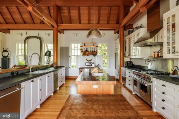 Interior, Kitchen, Pendant Lights, Stainless Steel Appliances, Wooden Beams, Wooden Ceilings, Wood Texture Flooring