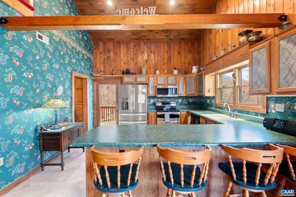 Interior, Kitchen, Recessed Lighting, Stainless Steel Appliances, Wooden Beams, Wooden Walls