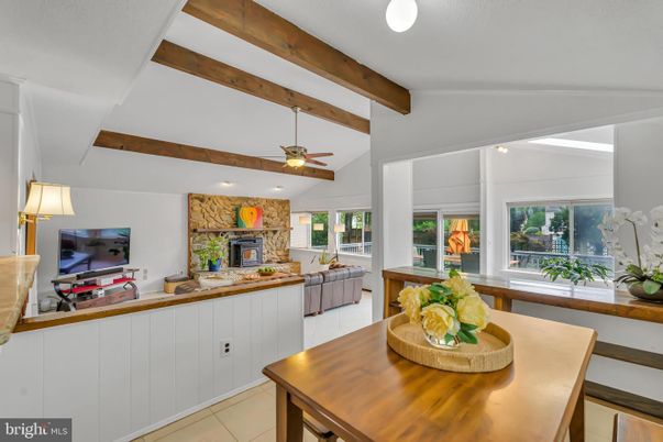 Fireplace, Interior, Living room, Recessed Lighting, Wooden Beams