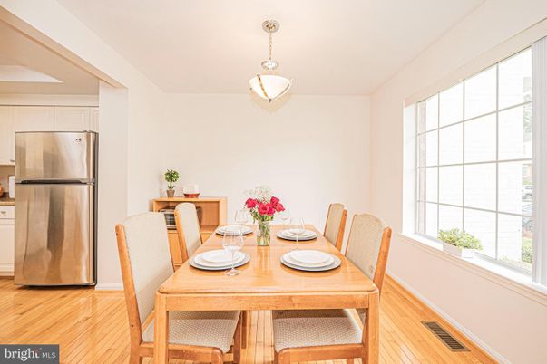 Dining room, Interior, Kitchen, Pendant Lights, Stainless Steel Appliances, Wood Texture Flooring