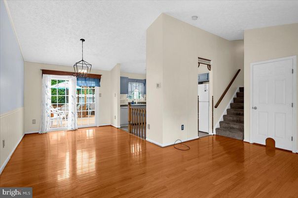 Chandelier, Empty room, Interior, Kitchen, Pendant Lights, Wood Texture Flooring