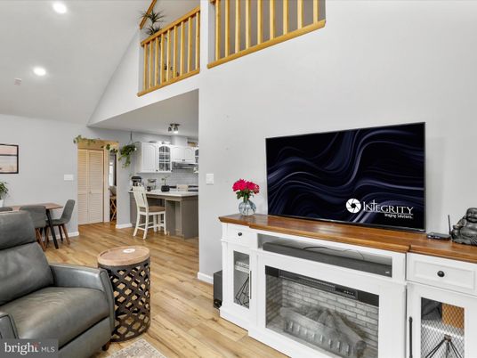 Dining room, Fireplace, Interior, Kitchen, Recessed Lighting, Wood Texture Flooring