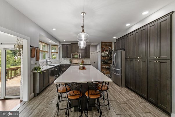 Interior, Kitchen, Pendant Lights, Recessed Lighting, Wood Texture Flooring