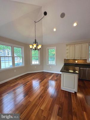 Chandelier, Empty room, Interior, Kitchen, Recessed Lighting, Wood Texture Flooring
