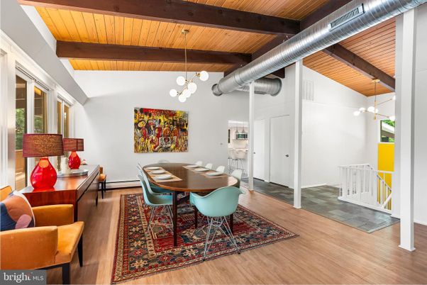 Dining room, Interior, Pendant Lights, Wooden Beams, Wooden Ceilings, Wood Texture Flooring