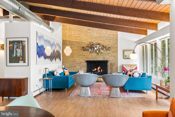 Fireplace, Interior, Living room, Pendant Lights, Stone Walls, Wooden Beams, Wooden Ceilings, Wood Texture Flooring