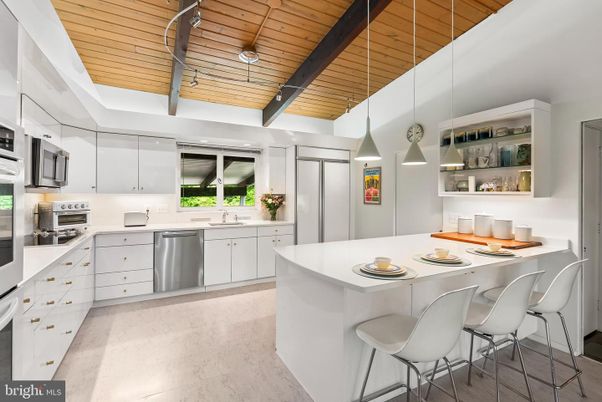 Interior, Kitchen, Marble, Pendant Lights, Stainless Steel Appliances, Wooden Ceilings