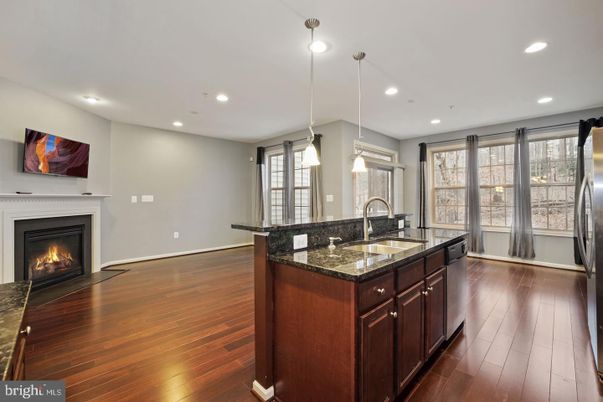 Fireplace, Interior, Kitchen, Pendant Lights, Recessed Lighting, Wood Texture Flooring