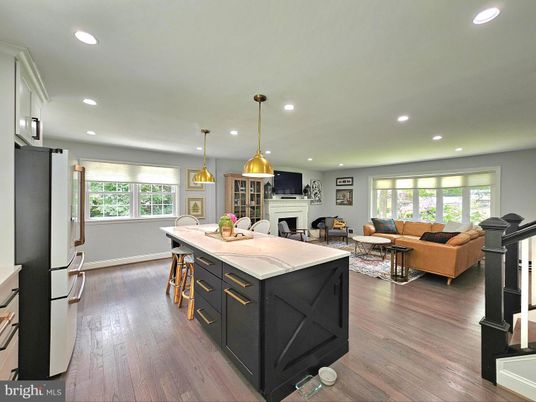 Fireplace, Interior, Kitchen, Living room, Pendant Lights, Recessed Lighting, Wood Texture Flooring