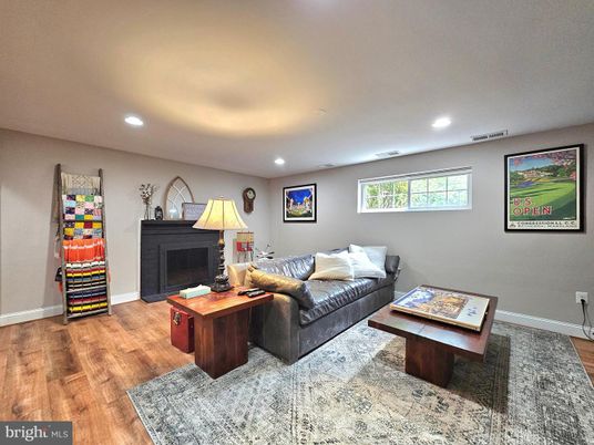 Fireplace, Interior, Living room, Recessed Lighting, Wood Texture Flooring
