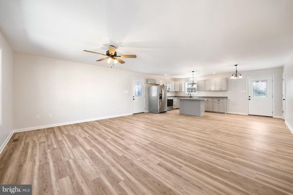 Empty room, Interior, Kitchen, Pendant Lights, Wood Texture Flooring