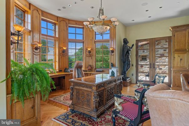 Chandelier, Home Office, Interior, Recessed Lighting, Wood Texture Flooring