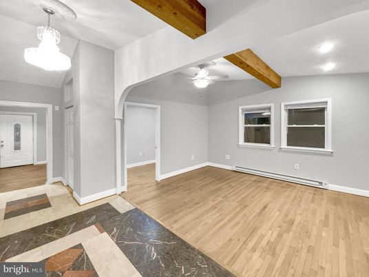 Empty room, Interior, Pendant Lights, Recessed Lighting, Wooden Beams, Wood Texture Flooring
