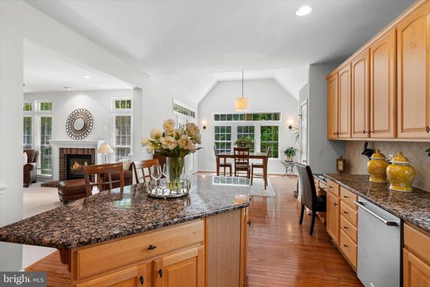 Dining room, Fireplace, Interior, Kitchen, Pendant Lights, Recessed Lighting, Wood Texture Flooring