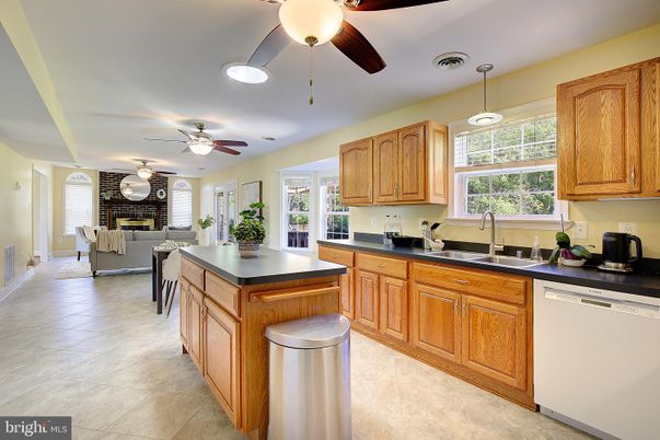 Dining room, Fireplace, Interior, Kitchen, Pendant Lights, Recessed Lighting, Stone Walls