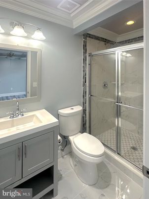 Bathroom, Glass Shower, Interior, Marble, Marble Walls, Recessed Lighting