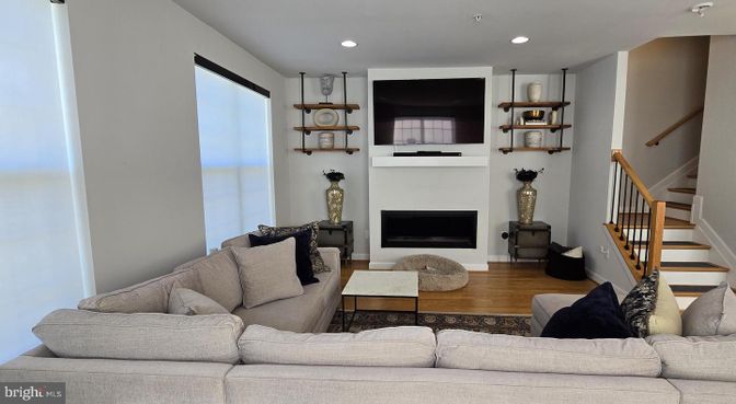 Fireplace, Interior, Living room, Recessed Lighting, Wood Texture Flooring