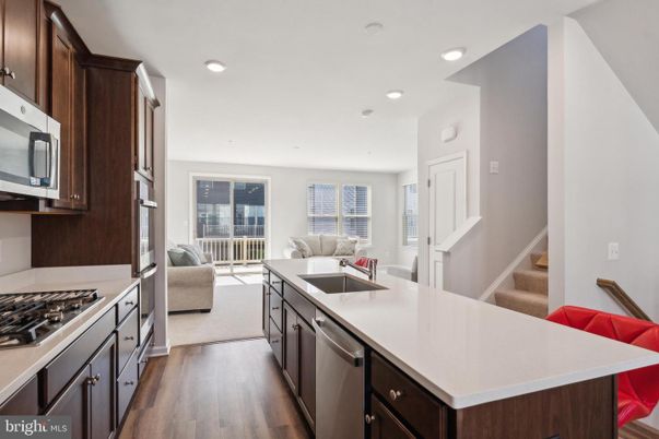 Interior, Kitchen, Living room, Recessed Lighting, Stainless Steel Appliances, Wood Texture Flooring