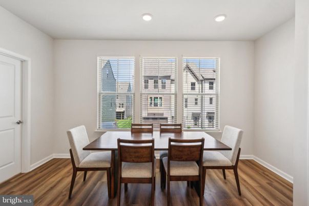 Dining room, Interior, Recessed Lighting, Wood Texture Flooring
