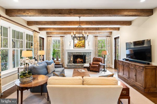 Fireplace, Interior, Living room, Pendant Lights, Recessed Lighting, Wooden Beams, Wood Texture Flooring