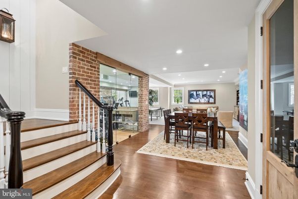 Dining room, Interior, Recessed Lighting, Stone Walls, Wood Texture Flooring
