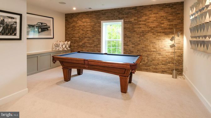Billiard Table, Game Room, Interior, Recessed Lighting, Stone Walls