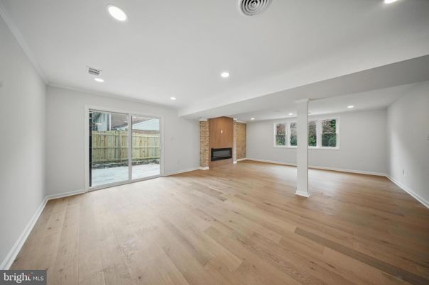 Empty room, Fireplace, Interior, Recessed Lighting, Wood Texture Flooring