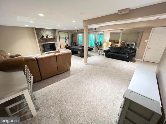 Billiard Table, Fireplace, Game Room, Interior, Living room, Recessed Lighting, Stone Walls