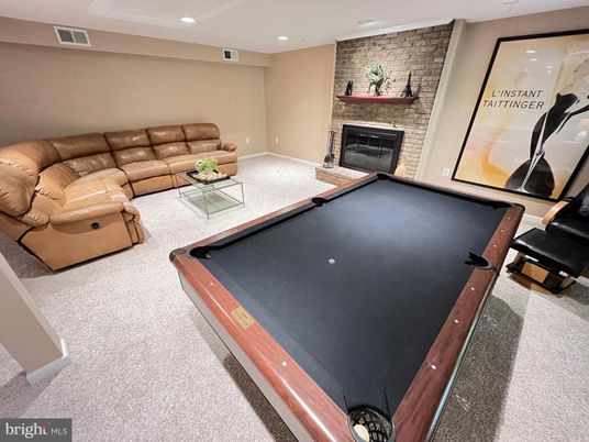 Billiard Table, Fireplace, Game Room, Interior, Living room, Recessed Lighting, Stone Walls
