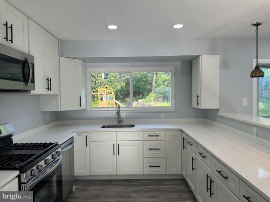 Interior, Kitchen, Pendant Lights, Recessed Lighting, Stainless Steel Appliances, Wood Texture Flooring