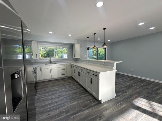 Interior, Kitchen, Pendant Lights, Recessed Lighting, Stainless Steel Appliances, Wood Texture Flooring