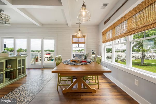 Dining room, Interior, Pendant Lights, Wood Texture Flooring