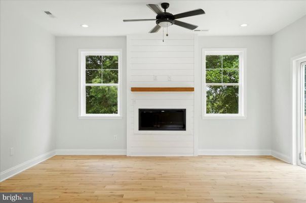 Empty room, Fireplace, Interior, Recessed Lighting, Wood Texture Flooring