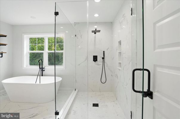 Bathroom, Free Standing Baths, Glass Shower, Interior, Marble, Marble Walls, Recessed Lighting