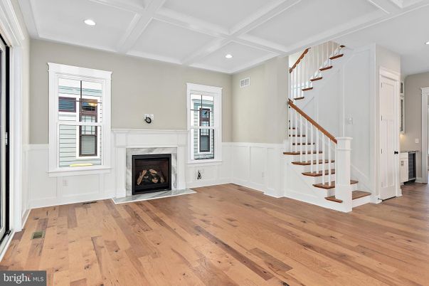 Empty room, Fireplace, Interior, Recessed Lighting, Wood Texture Flooring