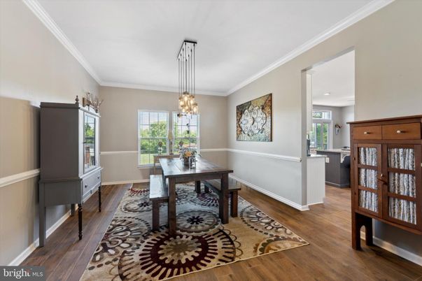 Dining room, Interior, Pendant Lights, Recessed Lighting, Wood Texture Flooring