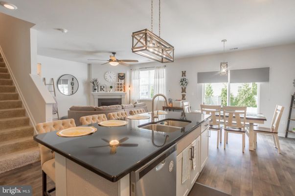 Dining room, Fireplace, Interior, Kitchen, Living room, Pendant Lights, Recessed Lighting, Wood Texture Flooring