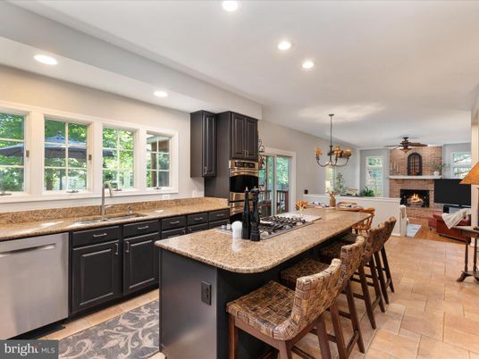 Fireplace, Interior, Kitchen, Living room, Pendant Lights, Recessed Lighting, Stone Walls