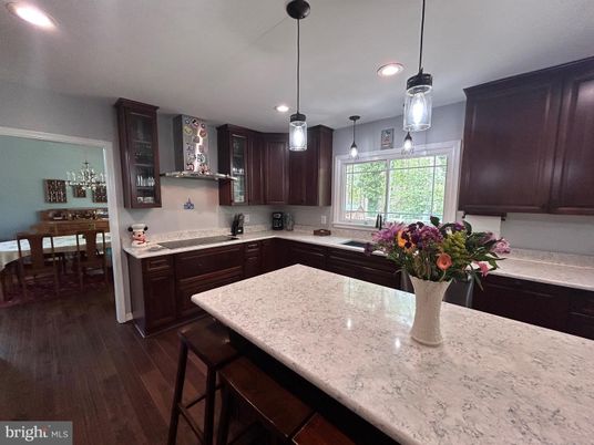 Dining room, Interior, Kitchen, Pendant Lights, Recessed Lighting, Wood Texture Flooring
