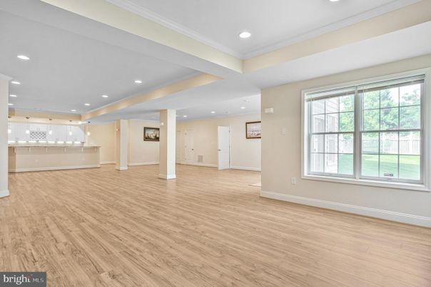 Empty room, Interior, Pendant Lights, Recessed Lighting, Wood Texture Flooring