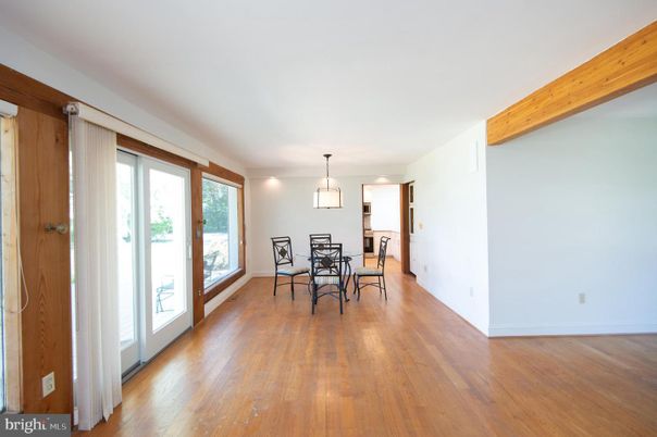 Dining room, Interior, Pendant Lights, Wooden Beams, Wood Texture Flooring
