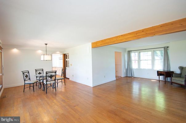 Dining room, Interior, Pendant Lights, Wooden Beams, Wood Texture Flooring