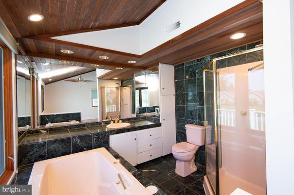 Bathroom, Dual Sink Vanities, Glass Shower, Interior, Recessed Lighting, Wooden Ceilings