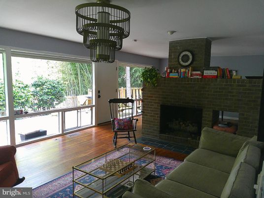 Chandelier, Fireplace, Interior, Living room, Stone Walls, Wood Texture Flooring