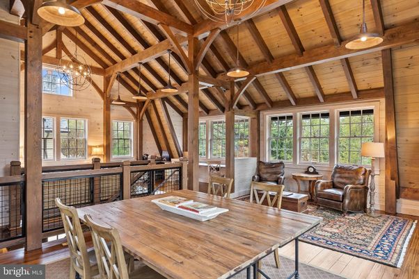 Chandelier, Dining room, Interior, Living room, Pendant Lights, Wooden Beams, Wooden Ceilings, Wood Texture Flooring, Wooden Walls