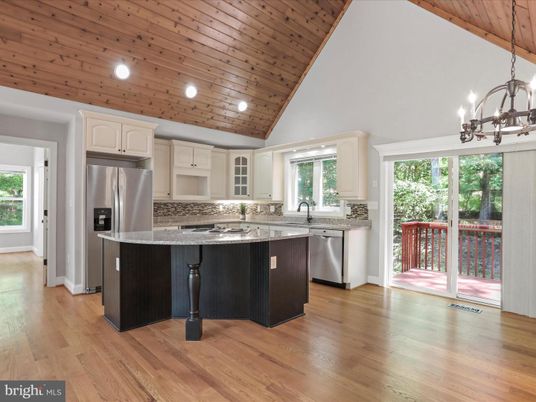Chandelier, Interior, Kitchen, Recessed Lighting, Stainless Steel Appliances, Wooden Ceilings, Wood Texture Flooring