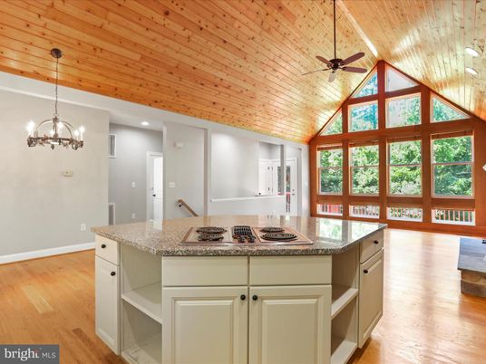 Chandelier, Interior, Kitchen, Pendant Lights, Recessed Lighting, Wooden Ceilings, Wood Texture Flooring