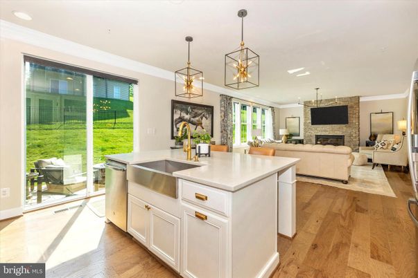 Fireplace, Interior, Kitchen, Living room, Pendant Lights, Recessed Lighting, Stone Walls, Wood Texture Flooring