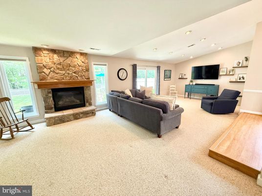 Fireplace, Interior, Living room, Recessed Lighting, Stone Walls